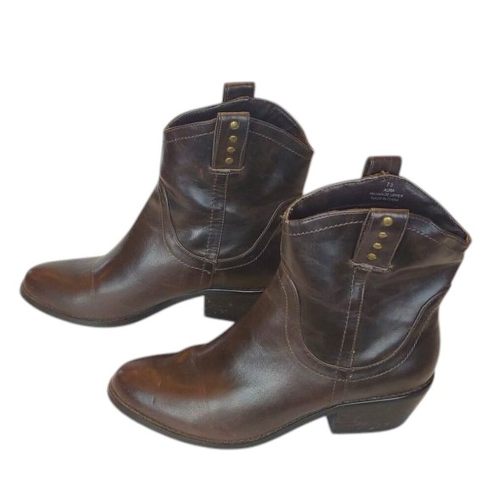 Rebels Aura Brown Faux Leather Western Style Stacked Heel Short Boots